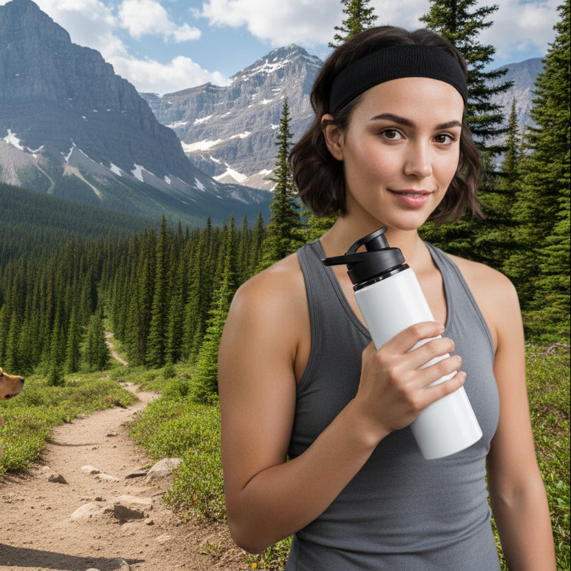 Gourde isotherme femme en randonnée gourde en main