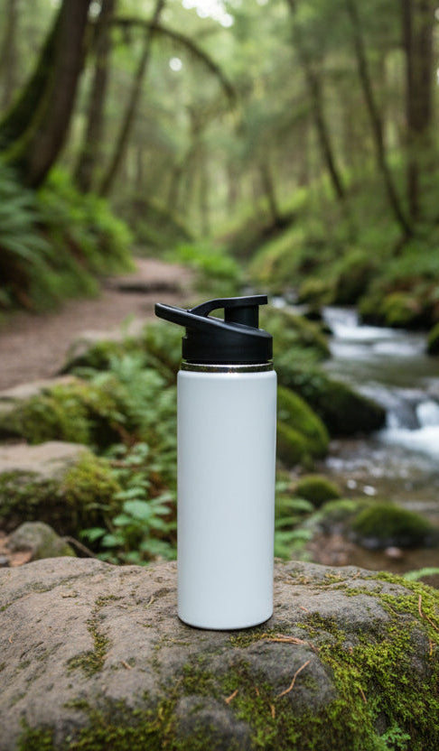 Gourde isotherme déposée près d'un ruisseau