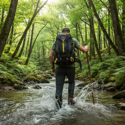 sac de randonnée  homme traverse riviere  sac au dos 