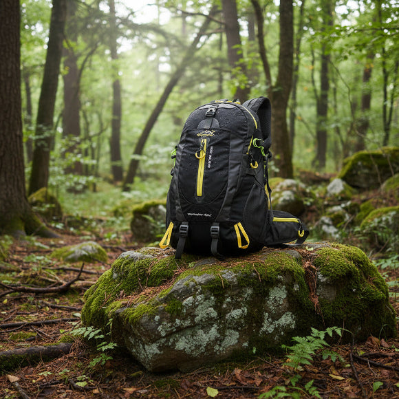 sac de randonnée déposé sur une roche en forêt 