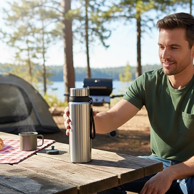 Bouteille isotherme  homme assis table exterieur bouteille  a la main