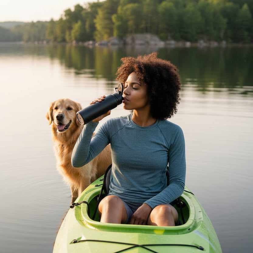 Gourde isotherme femme assis en cayak avec son chien prend une g gourde dans la main.