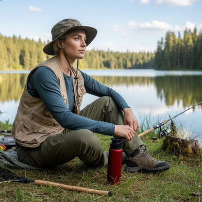 Gourde isotherme, femme assise à la pêche, gourde à côté d'elle