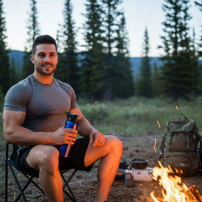 Gourde isotherme homme en camping assis près du feu ,gourde en main
