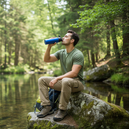 Gourde isotherme homme assis sur une roche près du ruisseau bois  dans sa gourde bleu