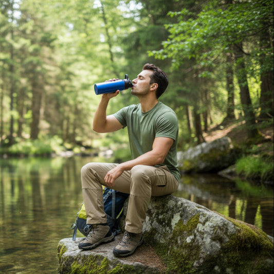 Gourde isotherme homme assis sur une roche près du ruisseau bois  dans sa gourde bleu