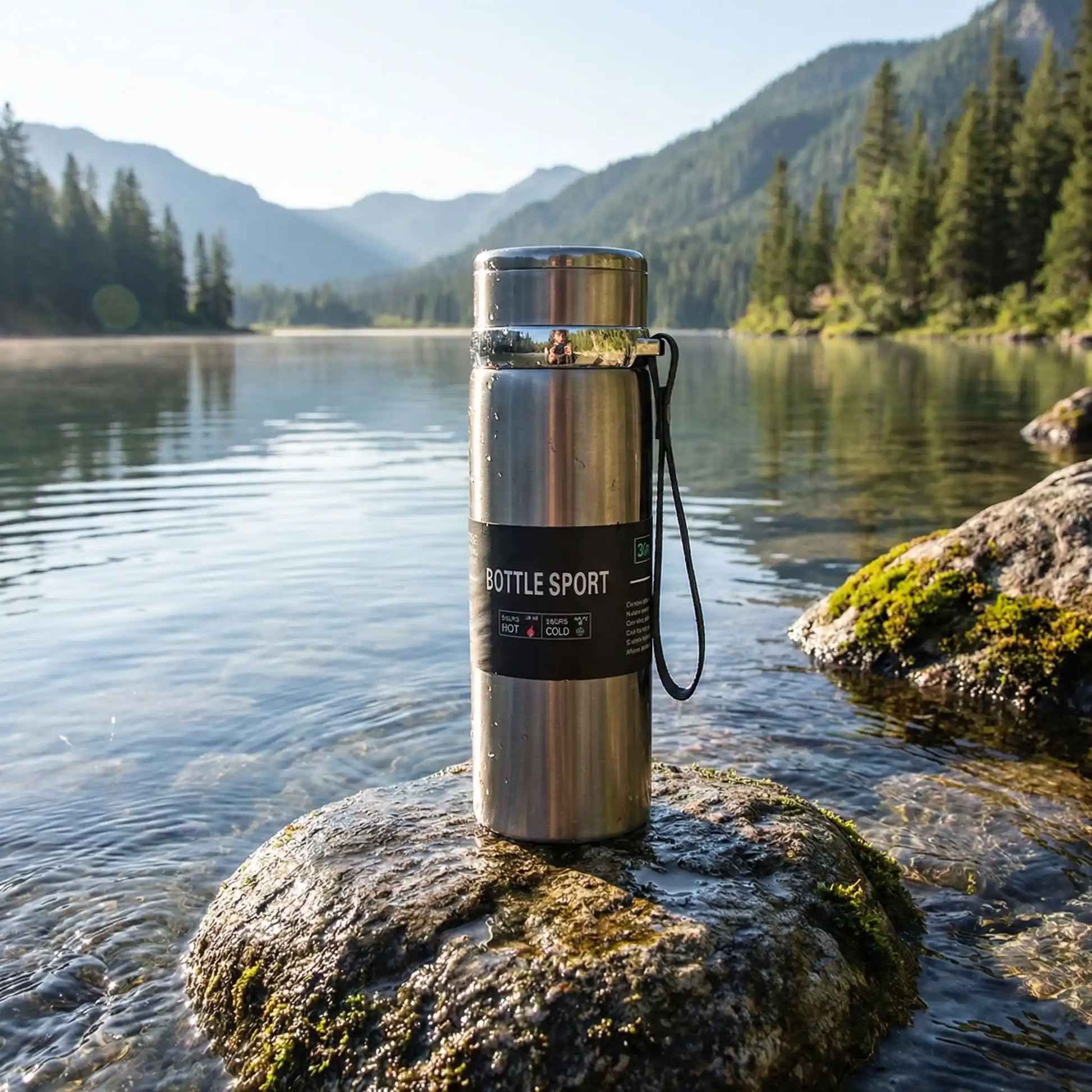 gourde isotherme posé sur un rocher pres de l'eau