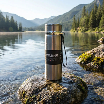 gourde isotherme posé sur un rocher pres de l'eau