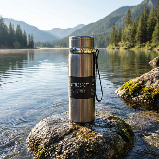 gourde isotherme posé sur un rocher pres de l'eau