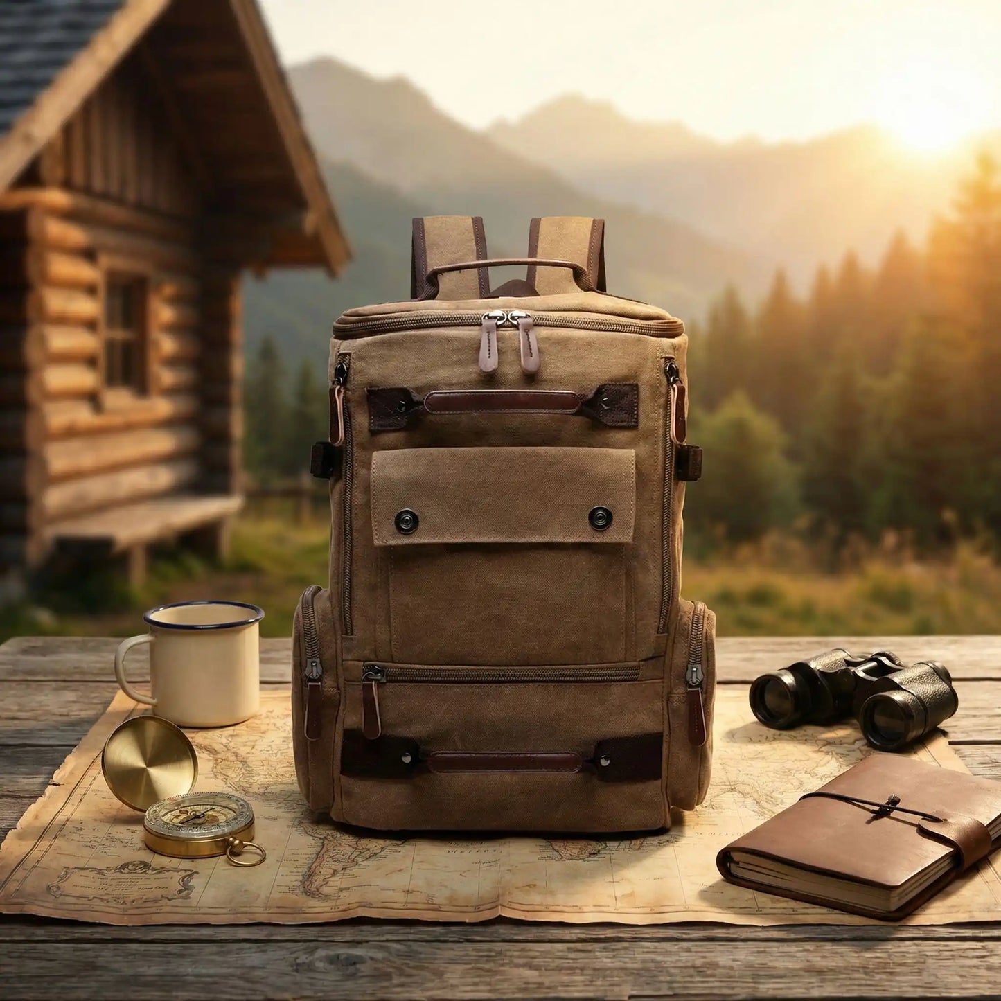 sac à dos homme déposé sur une carte boussole à côté