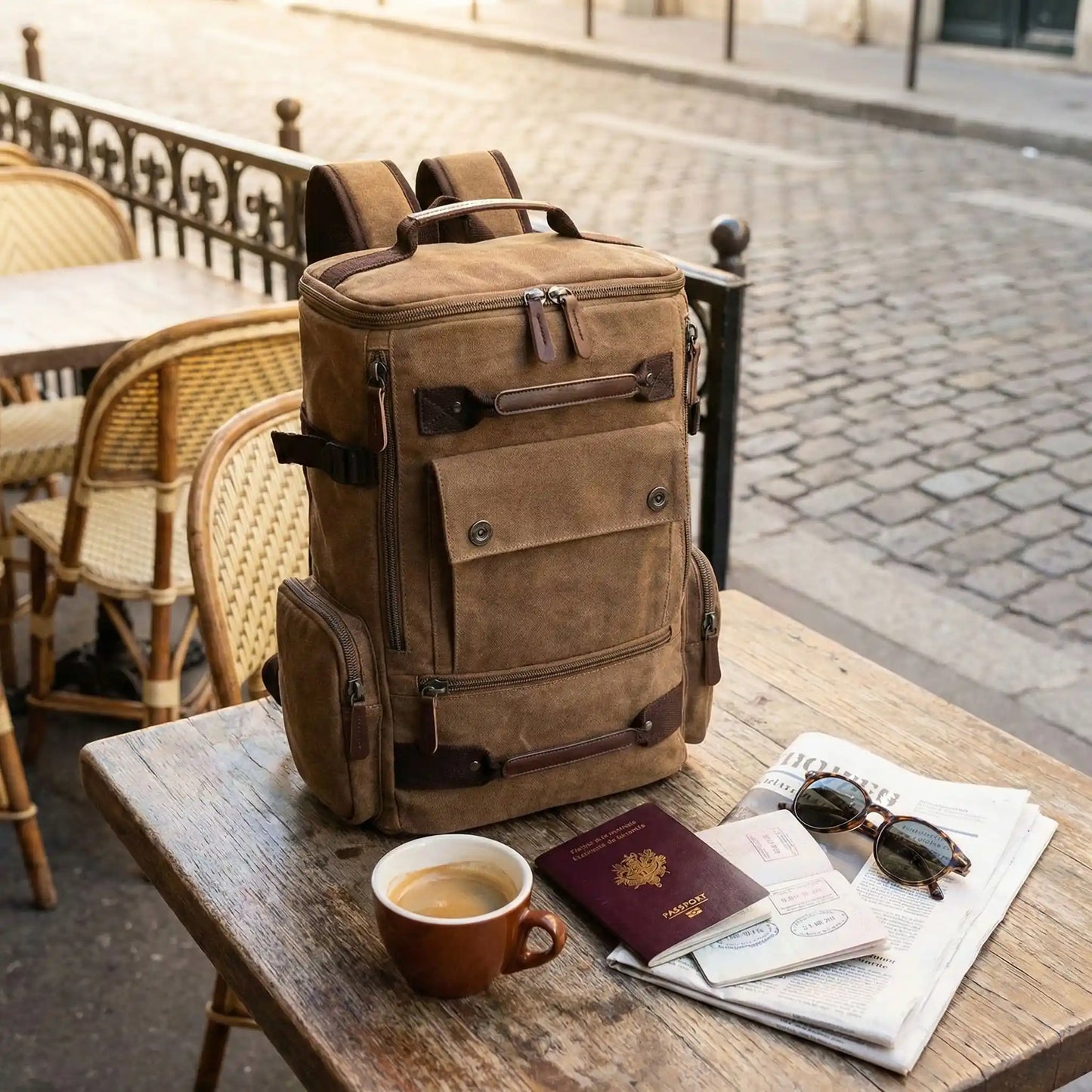 sac à dos homme déposé sur table à Paris, passeport et lunette à côté