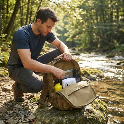 sac à dos homme près d'une rivière 