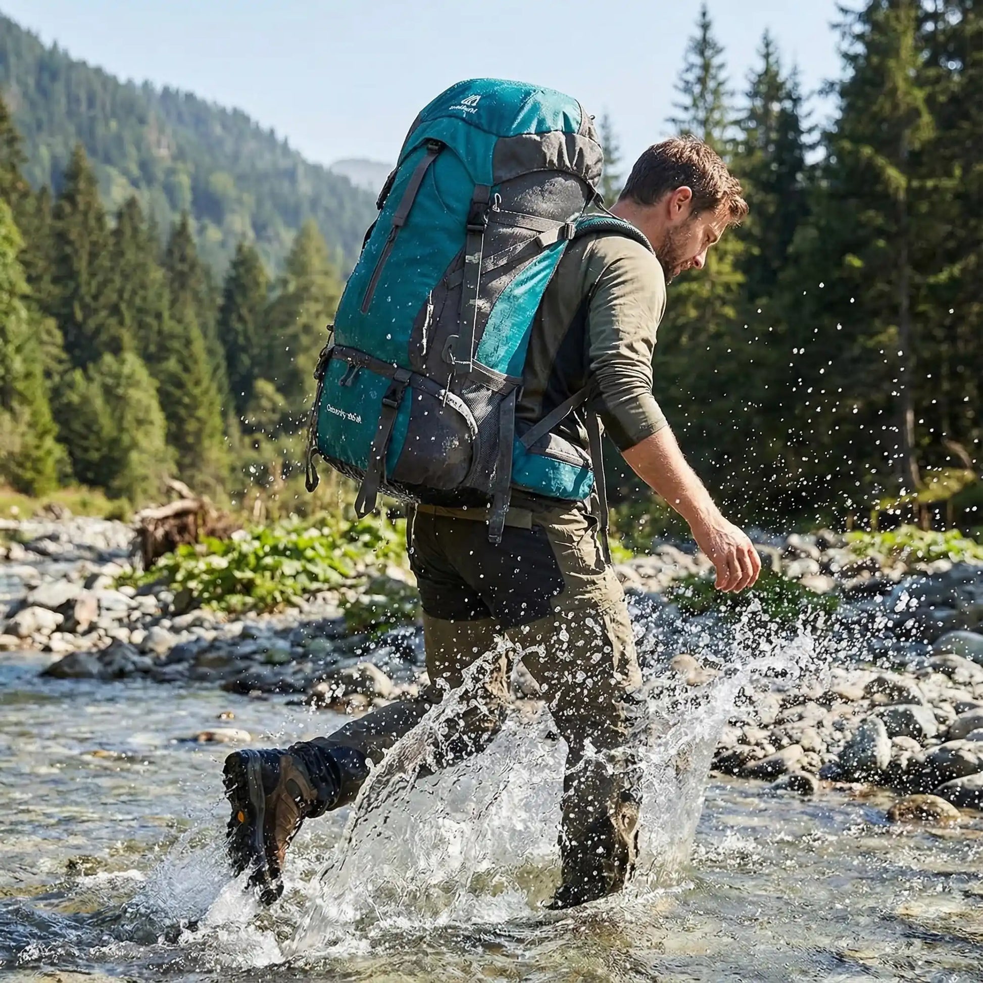 sac a dos homme qui traverse une rivière sac sur le dos
