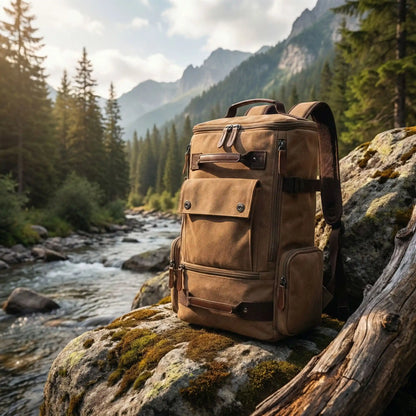 sac à dos homme montré sur un rocher en forêt