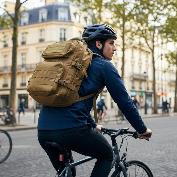 sac à dos homme poche en velcro homme à Paris sur son vélo sac au dos